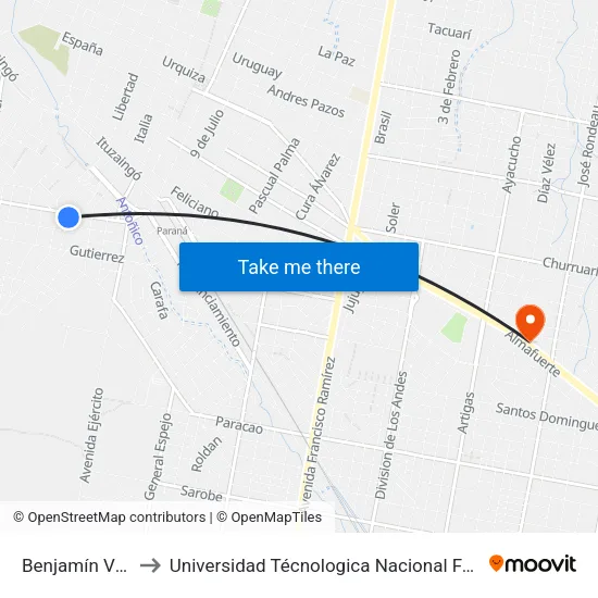 Benjamín Virasoro, 1300 to Universidad Técnologica Nacional Facultad Regional Paraná (Utn Frp) map
