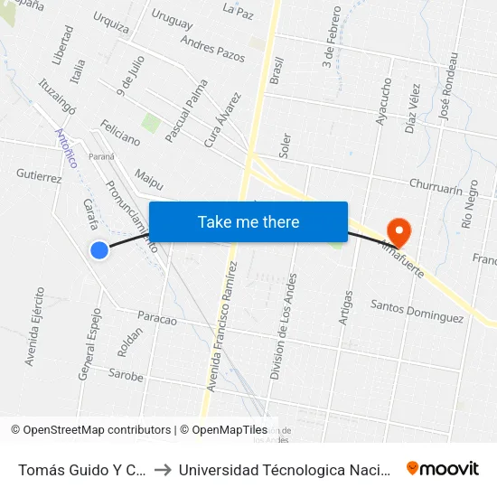 Tomás Guido Y Coronel Francisco Sayos to Universidad Técnologica Nacional Facultad Regional Paraná (Utn Frp) map