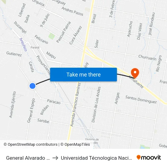General Alvarado Y Soldado Carlos Mosto to Universidad Técnologica Nacional Facultad Regional Paraná (Utn Frp) map