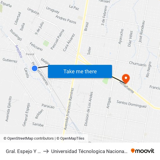 Gral. Espejo Y Pronunciamiento to Universidad Técnologica Nacional Facultad Regional Paraná (Utn Frp) map
