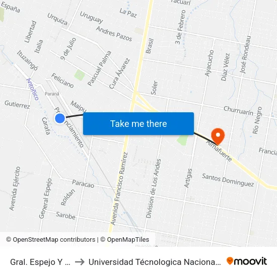 Gral. Espejo Y Pronunciamiento to Universidad Técnologica Nacional Facultad Regional Paraná (Utn Frp) map