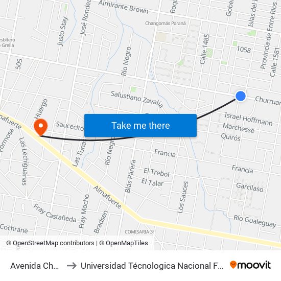 Avenida Churruarín, 2425 to Universidad Técnologica Nacional Facultad Regional Paraná (Utn Frp) map