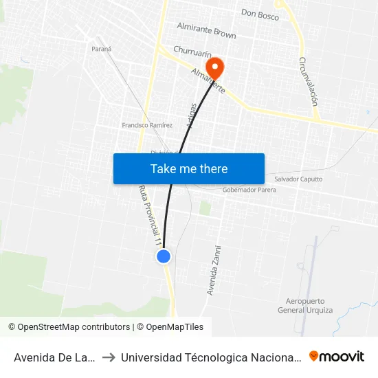 Avenida De Las Américas, 4665 to Universidad Técnologica Nacional Facultad Regional Paraná (Utn Frp) map