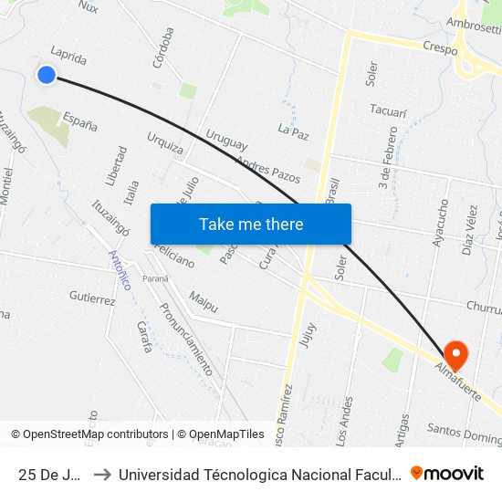 25 De Junio, 854 to Universidad Técnologica Nacional Facultad Regional Paraná (Utn Frp) map