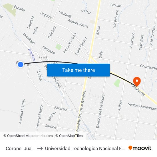 Coronel Juan Pirán, 1592 to Universidad Técnologica Nacional Facultad Regional Paraná (Utn Frp) map