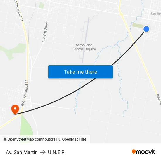 Av. San Martin to U.N.E.R map