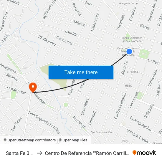 Santa Fe 304 to Centro De Referencia ""Ramón Carrillo"" map