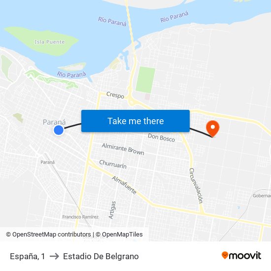 España, 1 to Estadio De Belgrano map