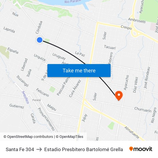 Santa Fe 304 to Estadio Presbítero Bartolomé Grella map