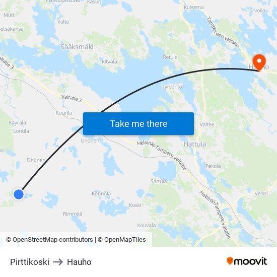 Pirttikoski to Hauho map