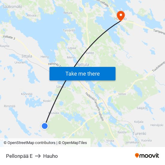 Pellonpää E to Hauho map