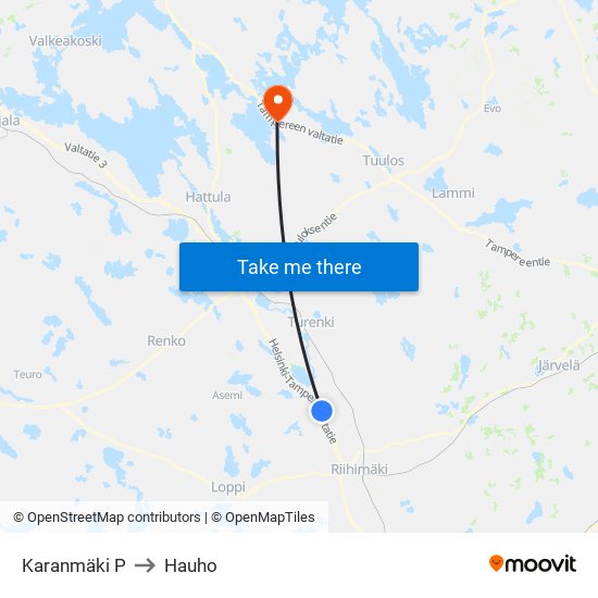 Karanmäki P to Hauho map