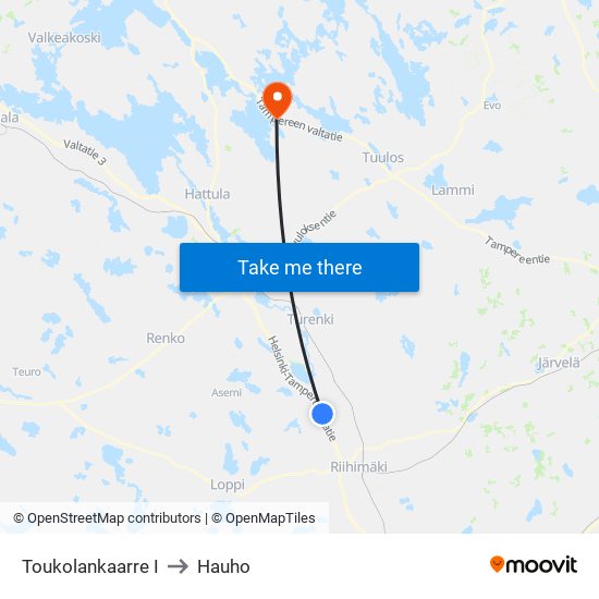 Toukolankaarre I to Hauho map