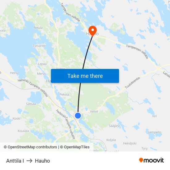 Anttila I to Hauho map