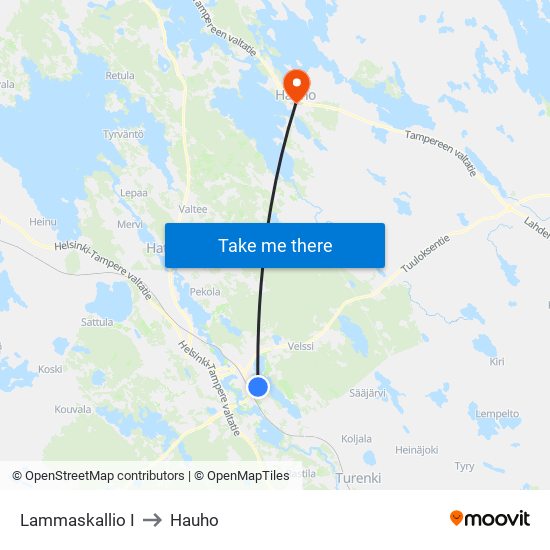 Lammaskallio I to Hauho map