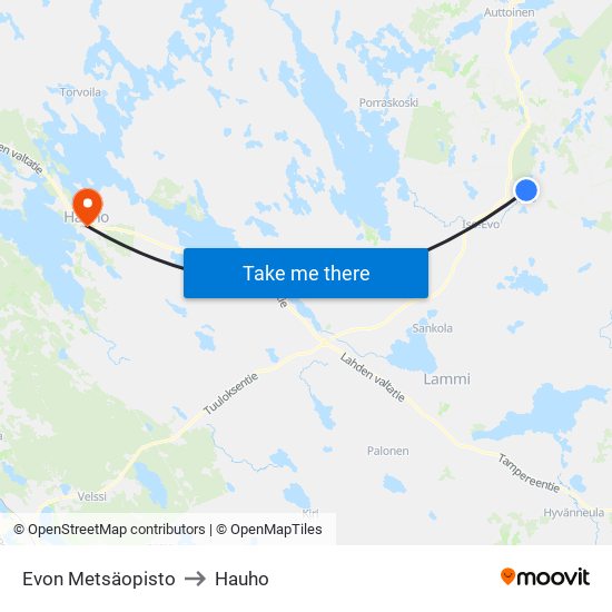 Evon Metsäopisto to Hauho map