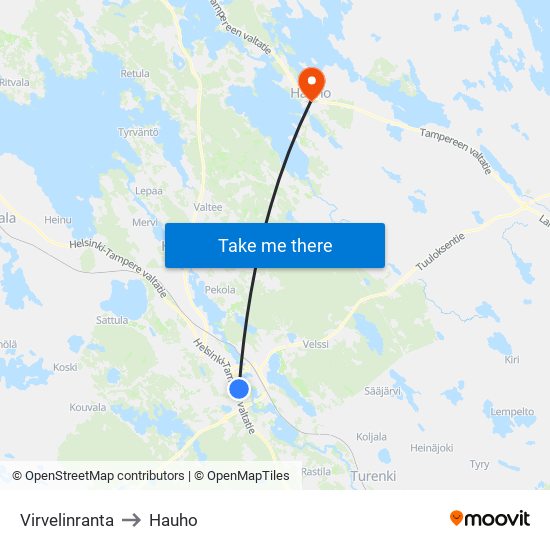 Virvelinranta to Hauho map
