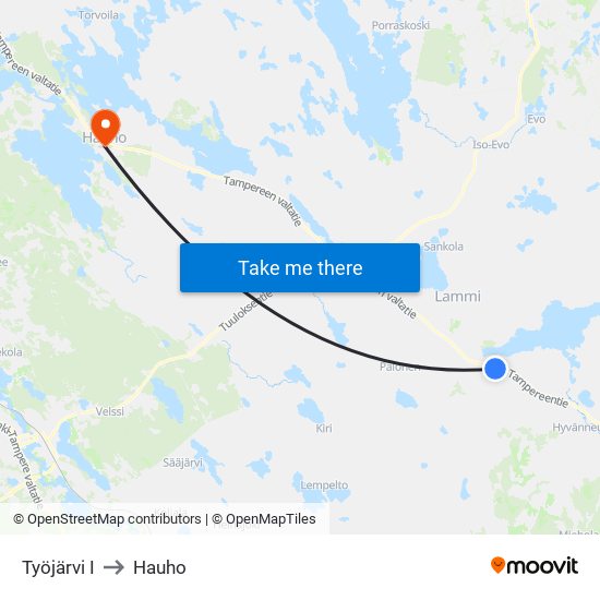 Työjärvi I to Hauho map