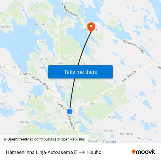 Hämeenlinna Linja-Autoasema E to Hauho map