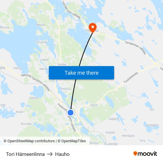 Tori Hämeenlinna to Hauho map
