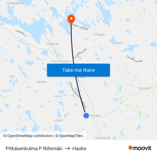 Pitkäsenkulma P Riihimäki to Hauho map