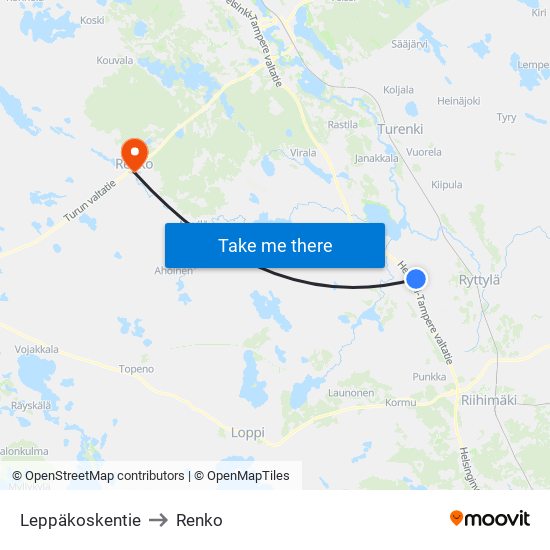 Leppäkoskentie to Renko map