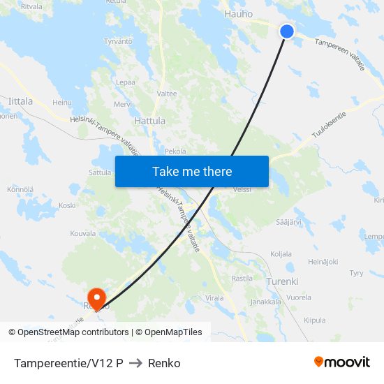Tampereentie/V12 P to Renko map