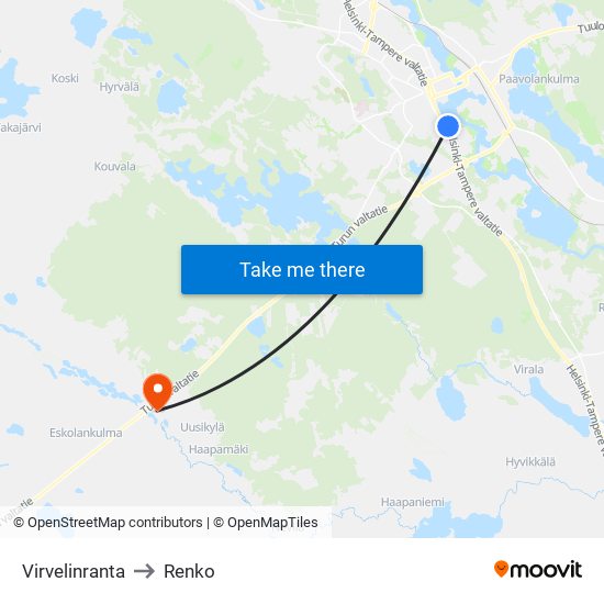 Virvelinranta to Renko map