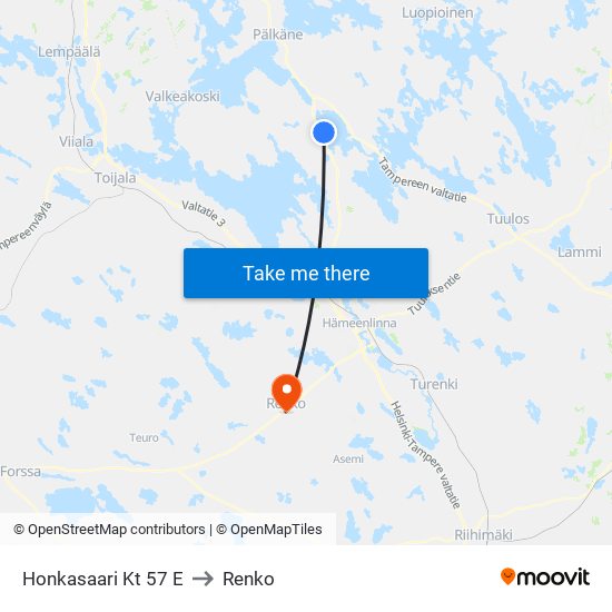 Honkasaari Kt 57 E to Renko map