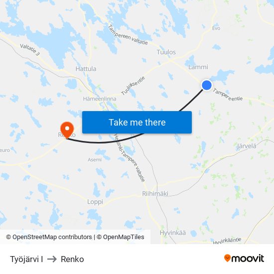 Työjärvi I to Renko map