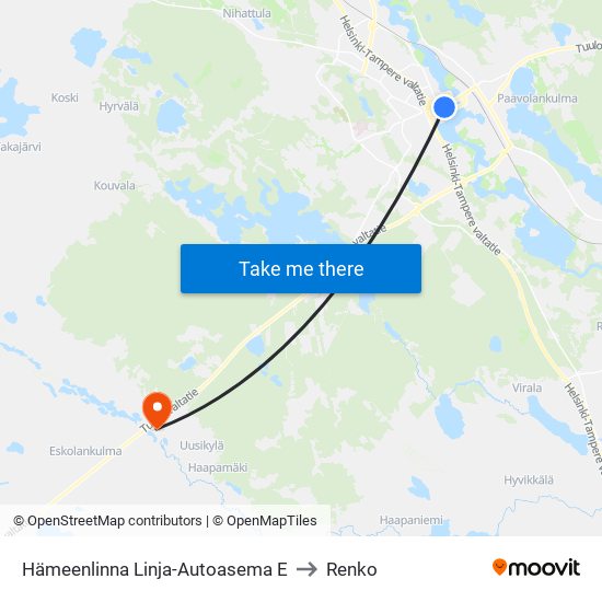 Hämeenlinna Linja-Autoasema E to Renko map