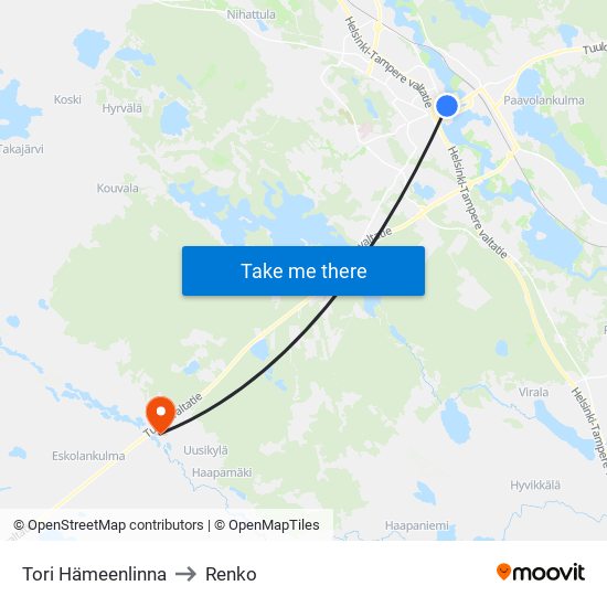 Tori Hämeenlinna to Renko map