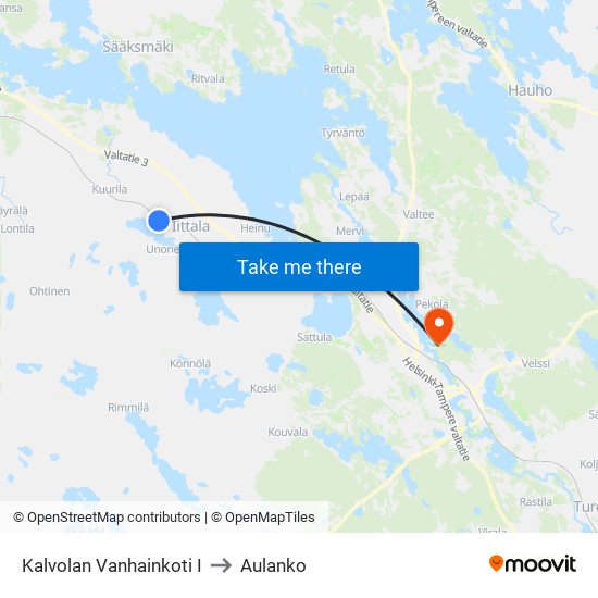 Kalvolan Vanhainkoti I to Aulanko map