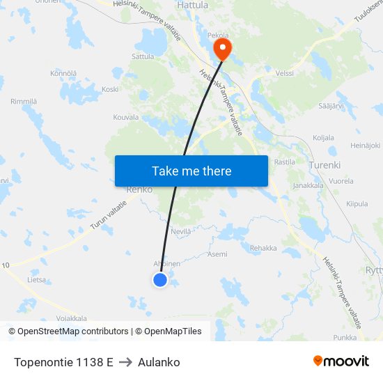 Topenontie 1138 E to Aulanko map