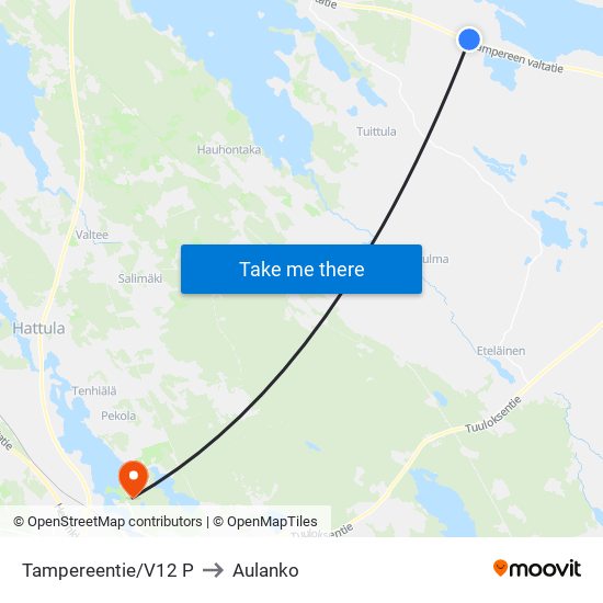 Tampereentie/V12 P to Aulanko map