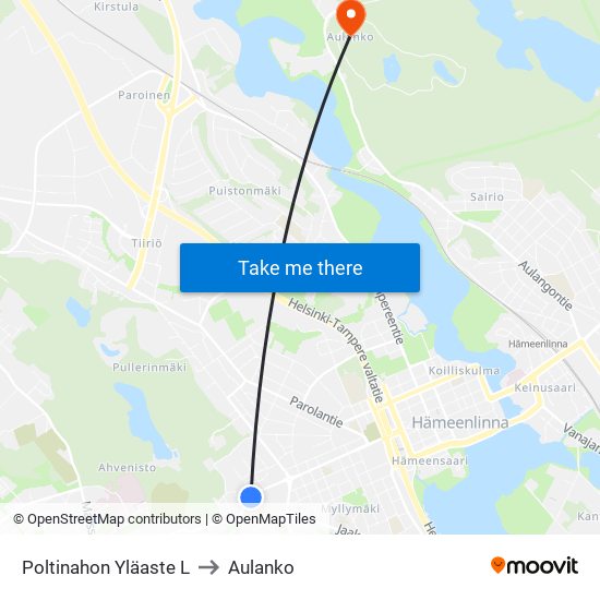 Poltinahon Yläaste L to Aulanko map
