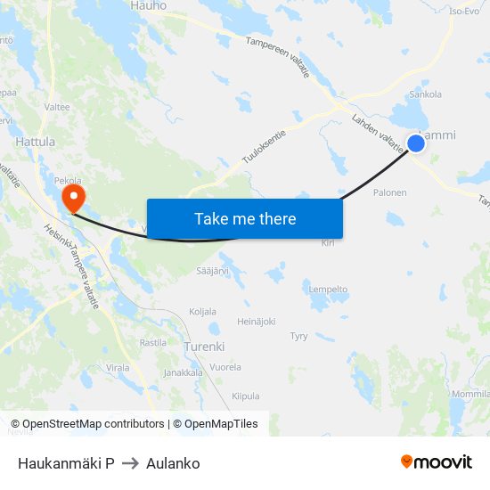 Haukanmäki P to Aulanko map