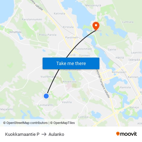 Kuokkamaantie P to Aulanko map