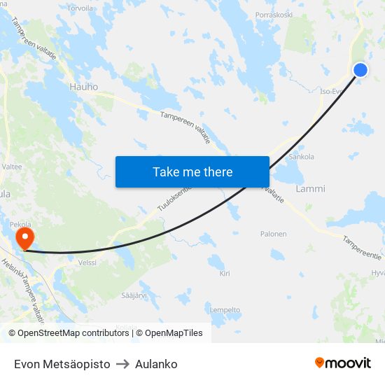 Evon Metsäopisto to Aulanko map