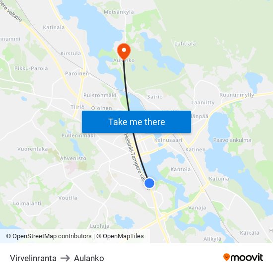 Virvelinranta to Aulanko map