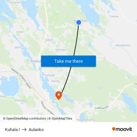 Kuhala I to Aulanko map