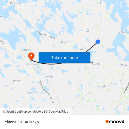 Ylänne to Aulanko map