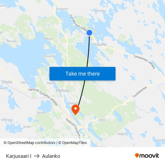 Karjusaari I to Aulanko map