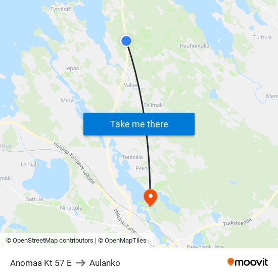 Anomaa Kt 57 E to Aulanko map