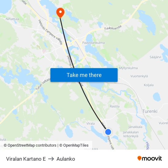 Viralan Kartano E to Aulanko map
