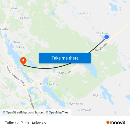 Tulimäki P to Aulanko map