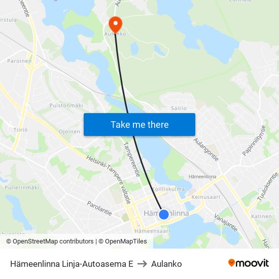 Hämeenlinna Linja-Autoasema E to Aulanko map