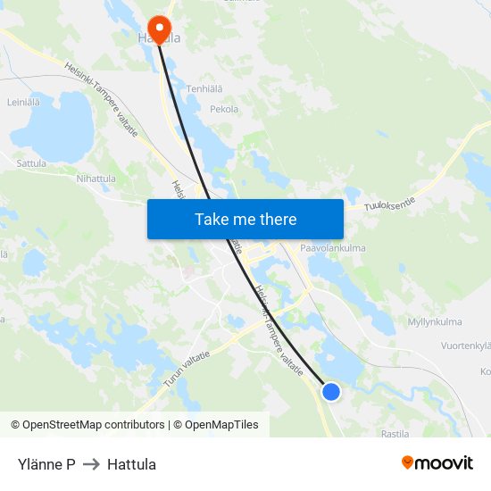 Ylänne P to Hattula map