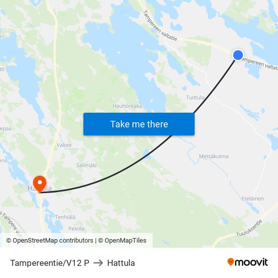 Tampereentie/V12 P to Hattula map