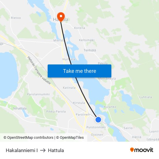 Hakalanniemi I to Hattula map